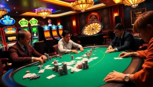 Exciting poker action at a luxurious table featuring elements inspired by https://9789bet.com/ with vibrant colors and professional players.