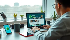 WhatsApp Web in a modern workspace showing seamless communication on a laptop.