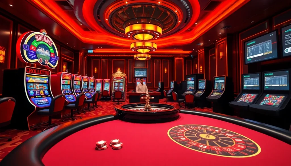 Scène excitante de casino en ligne avec des machines à sous luxueuses et de l'action au poker.