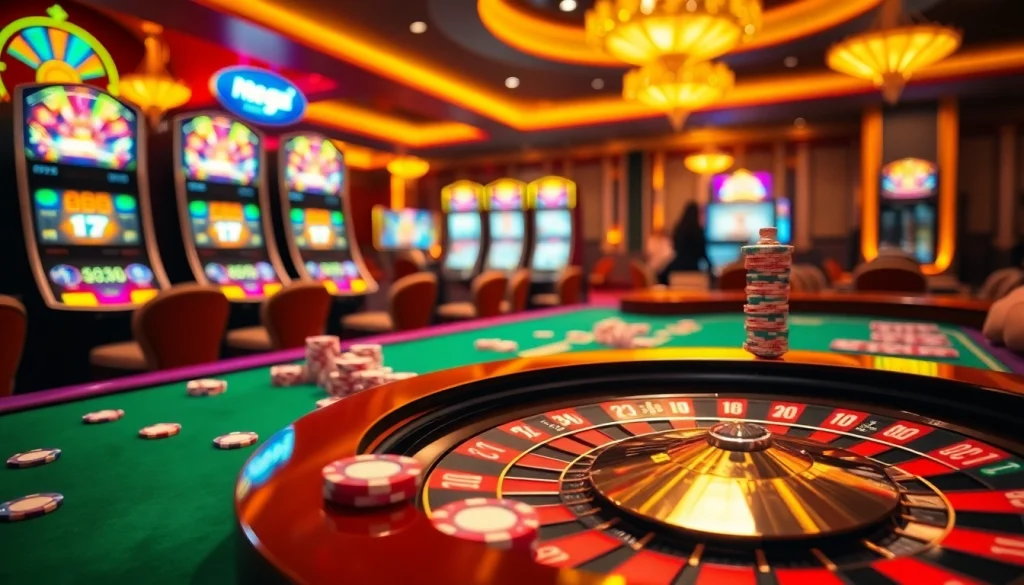 Mega excitement at a luxurious casino featuring a roulette wheel and poker chips.