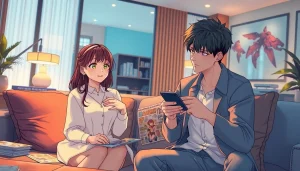 惑わせアイの遊び心ある場面。若い女性と男性がユーモラスな催眠術のやり取りをする様子。