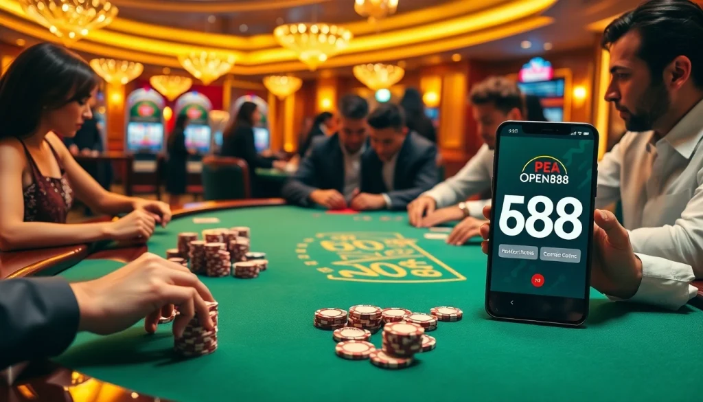 Experience the thrill of gambling at OPEN88 with poker chips and high-stakes cards.