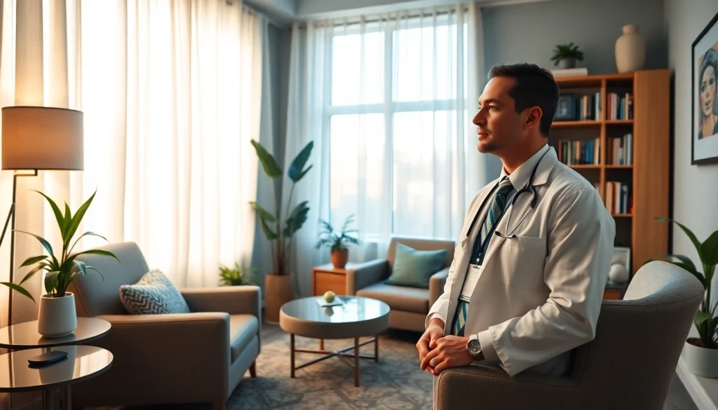 Psychiatrist in Dubai discussing mental health with a patient in a cozy therapy room.
