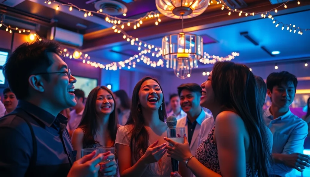 세련된 노래방에서 즐거운 제주도유흥의 밤문화, 친구들이 함께 노래하고 웃고 있는 모습.
