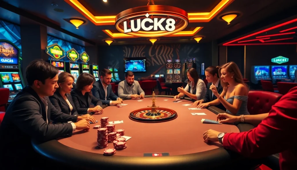 Engaging poker scene showcasing LUCK8, vibrant casino atmosphere with players and cards.