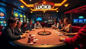 Engaging poker scene showcasing LUCK8, vibrant casino atmosphere with players and cards.