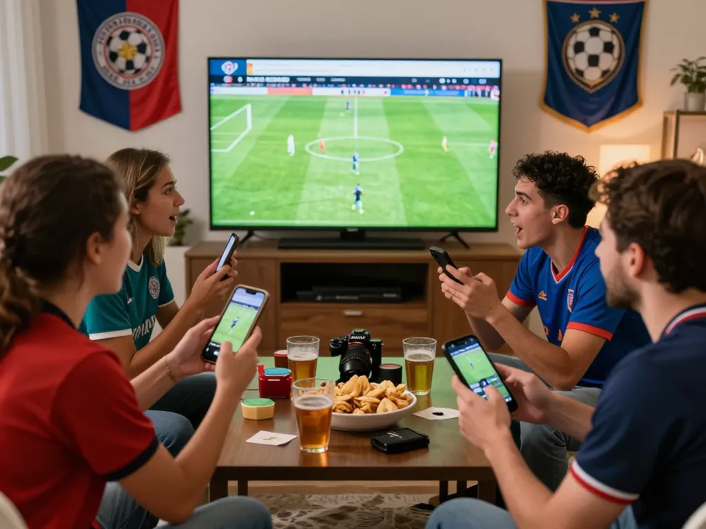 Fans enjoying live football match updates on 7m website at a vibrant viewing party.
