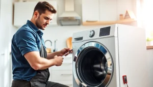 Technician performing appliance repair on a washing machine, showcasing expertise and professionalism.