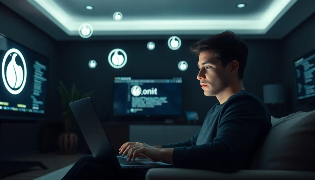 The Hidden Wiki user browsing safely with digital icons and a Tor window.