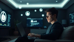 The Hidden Wiki user browsing safely with digital icons and a Tor window.