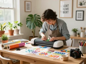 Engaging crafting session with Svg for cricut on a bright workspace, showcasing colorful vinyl and tools.