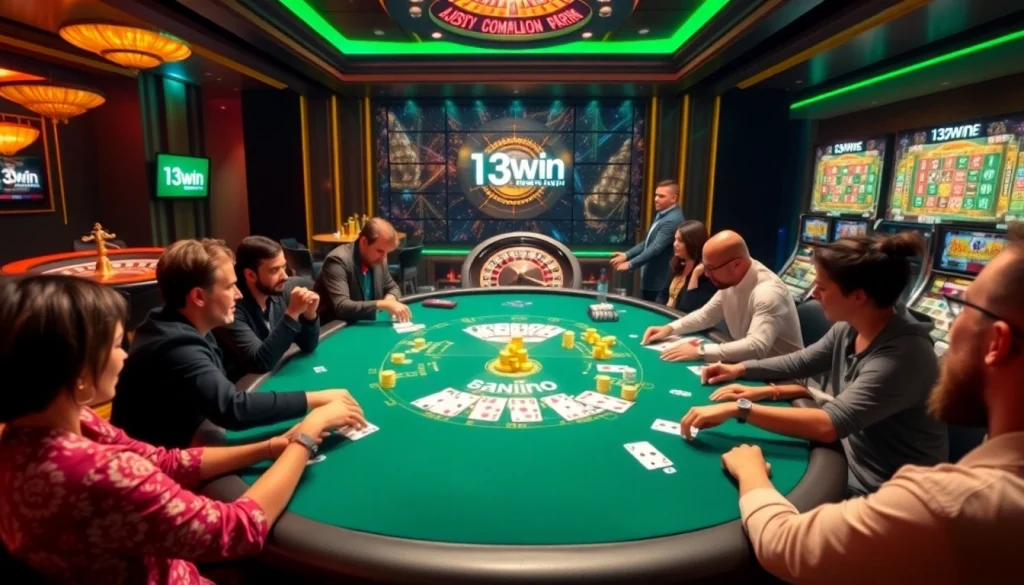 Experience poker excitement at 13win with vibrant casino visuals and luxurious elements.