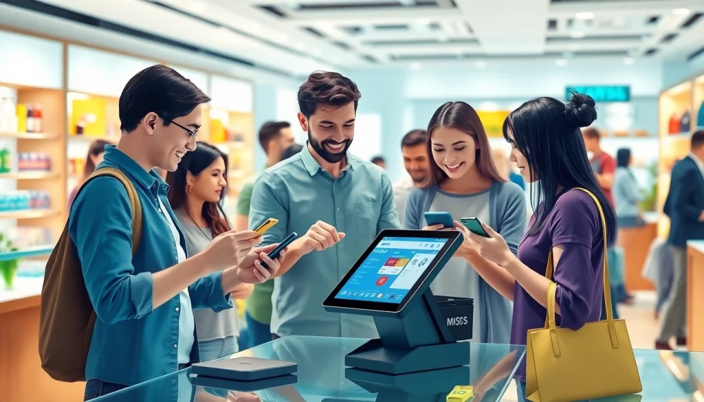 現代の小売環境におけるキャッシュレス決済。顧客がタブレットとスマートフォンで決済を行う。