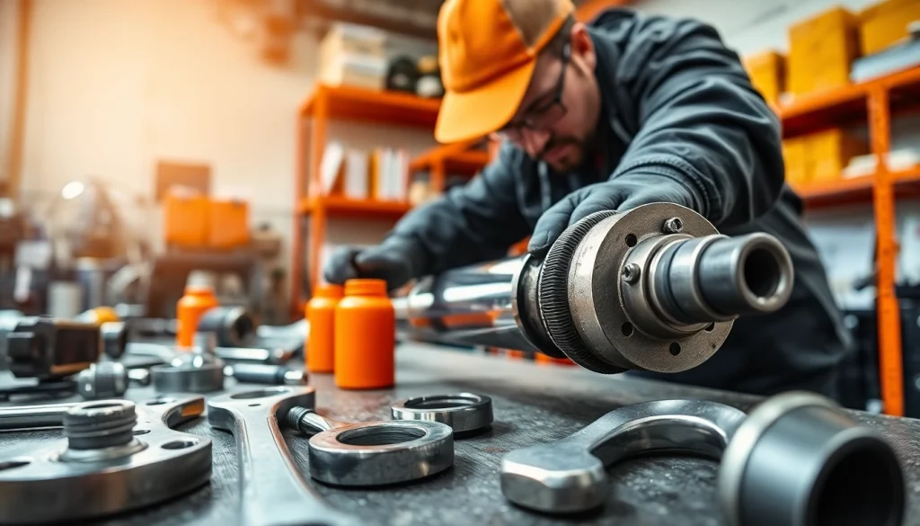 Expertly performing hydraulic repair services on machinery components in a professional workshop.