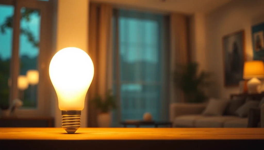 Brightly lit a19 led bulb showcasing its modern design in a cozy setting.