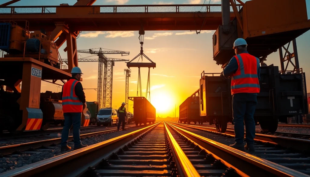 Railroad Contractors Near Me overseeing construction at sunset, highlighting teamwork and machinery.