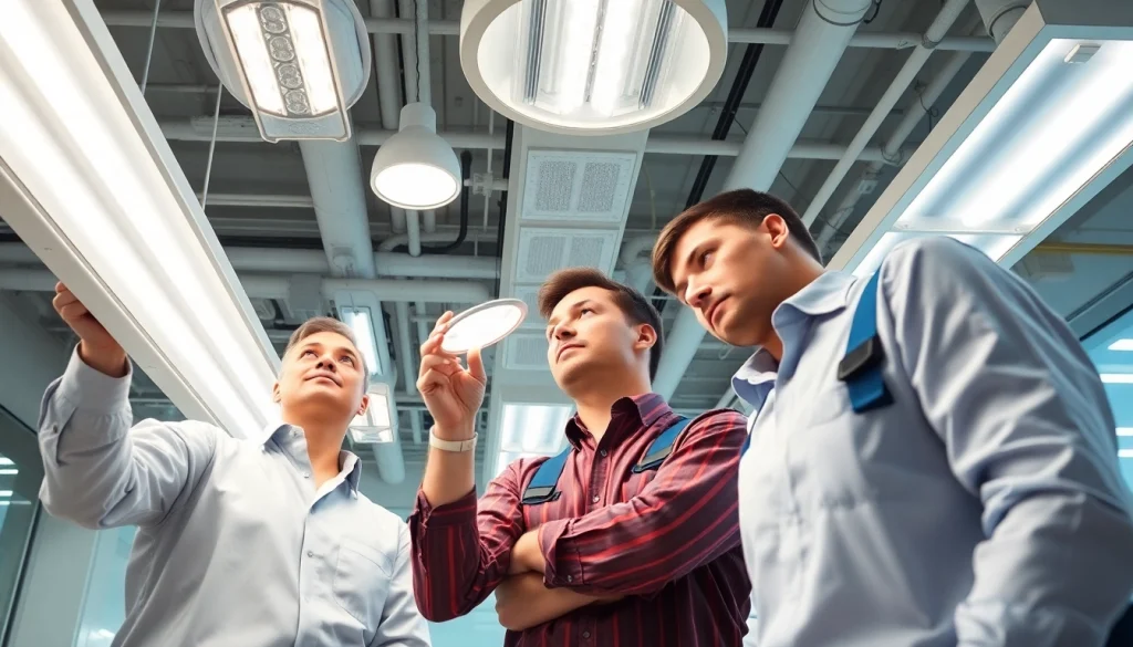 Engaging scene of lighting service maintenance team inspecting fixtures to ensure efficiency.