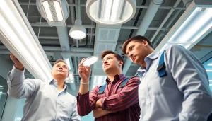 Engaging scene of lighting service maintenance team inspecting fixtures to ensure efficiency.