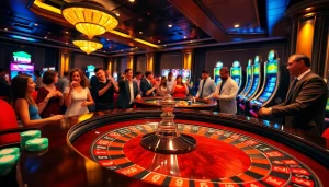 Players are engaging with the thrilling atmosphere of TR88's casino experience, surrounded by colorful chips and slot machines.