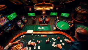 Des joueurs engagés profitent de jeux passionnants dans un casino en ligne avec des visuels colorés et une action vibrante.