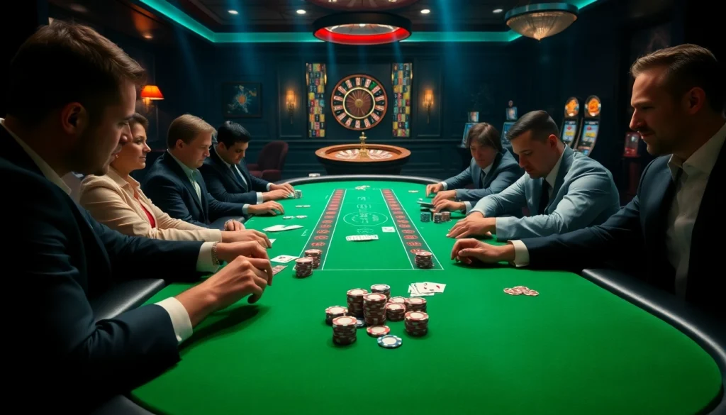 Intense poker gameplay at 33WIN casino with elegant table and vibrant chips.