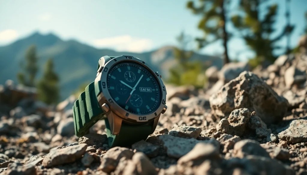 Showcase of the Explorer GPS Smart Watch against a natural landscape, symbolizing adventure.