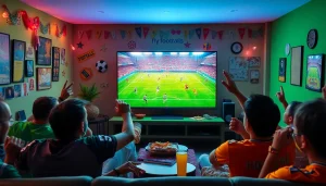 Xoilac TV streaming a live football match with fans cheering in excitement.