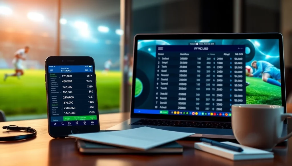 Live football betting odds interface at https://keonhacai.gold/ showcasing smartphone and laptop in action.