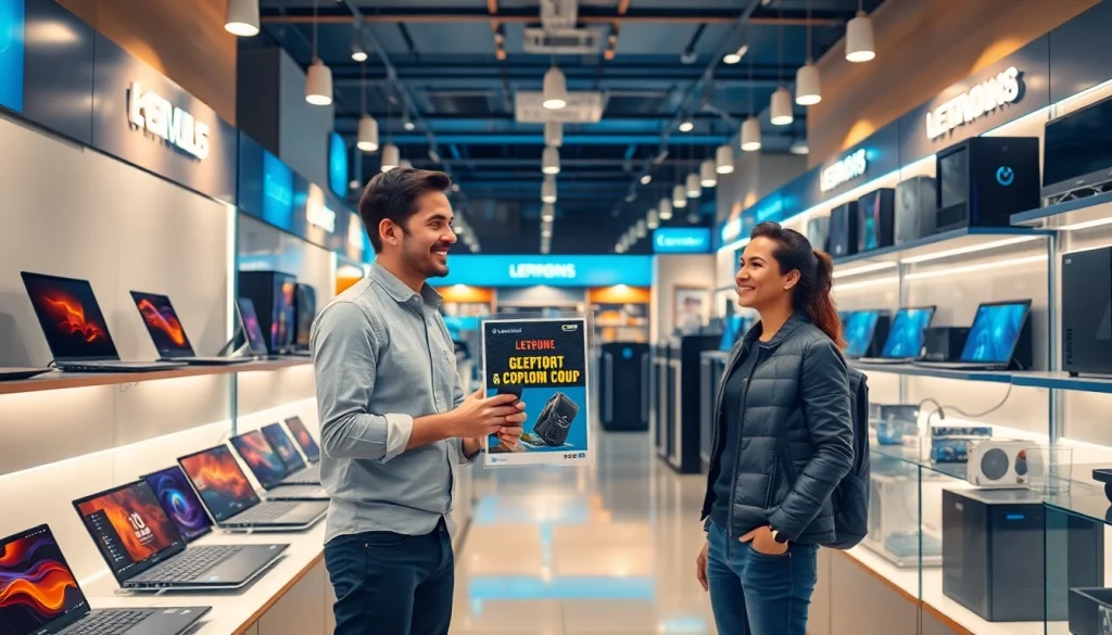 魅力的な店内シーンで、ドスパラクーポンのプロモーションと最新のテクノロジー製品を紹介。