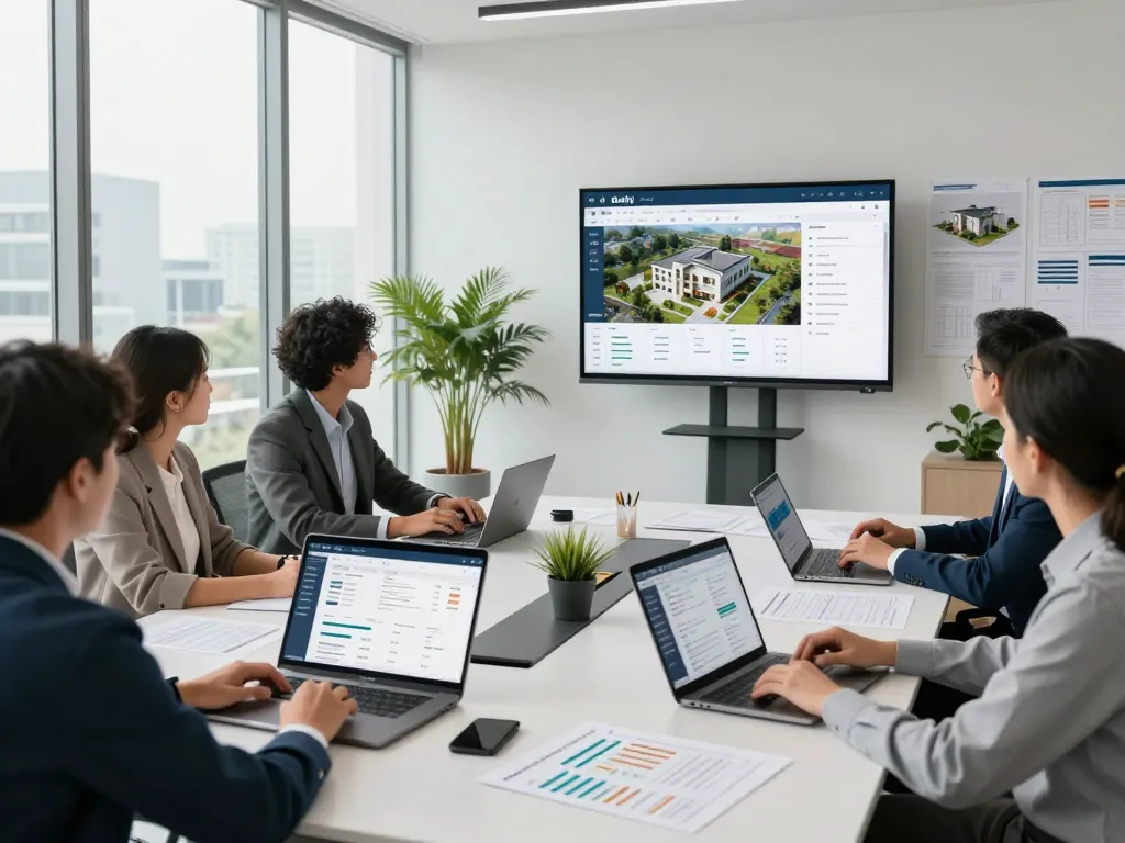 Des professionnels de l'immobilier collaborant en utilisant la plateforme Darify dans un bureau moderne.