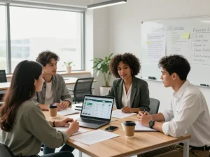 Team discussing the Gratuity Law calculator in a modern office setup with diverse professionals.