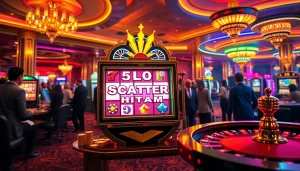 Playing the slot scatter hitam in an engaging casino atmosphere with vibrant lights and excitement.