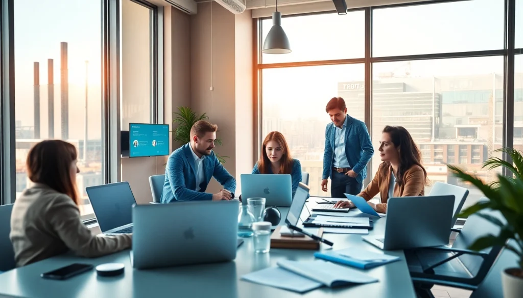 Dynamic office scene showcasing professionals using 有道翻译 for collaborative translation projects.