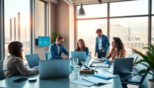 Dynamic office scene showcasing professionals using 有道翻译 for collaborative translation projects.
