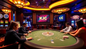 KJC casino scene with vibrant poker table and elegant players engaged in a thrilling game.