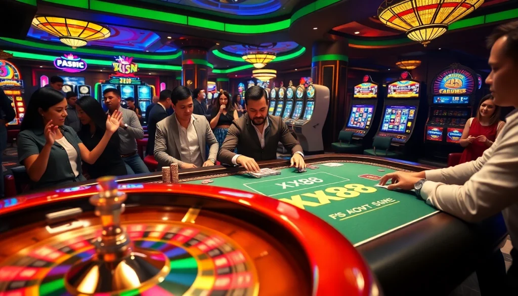 Players enjoy thrilling poker at XX88's luxurious casino table, combining excitement and professionalism.