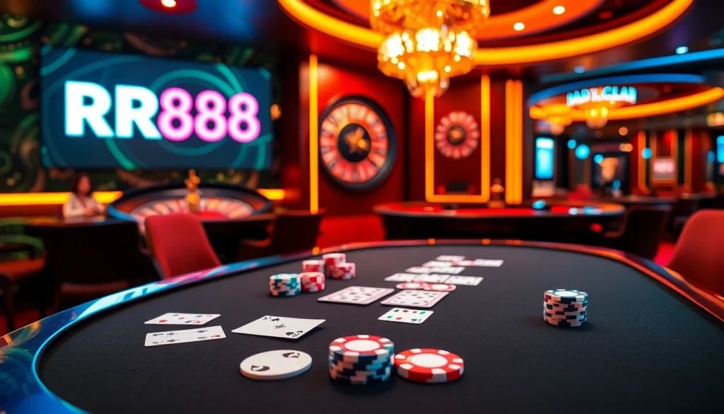 Engage with the thrill of RR88 at a luxurious casino table featuring poker chips and cards.