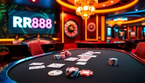 Engage with the thrill of RR88 at a luxurious casino table featuring poker chips and cards.