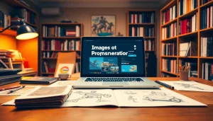 Image to prompt generator interface on a creative workspace desk surrounded by art supplies.