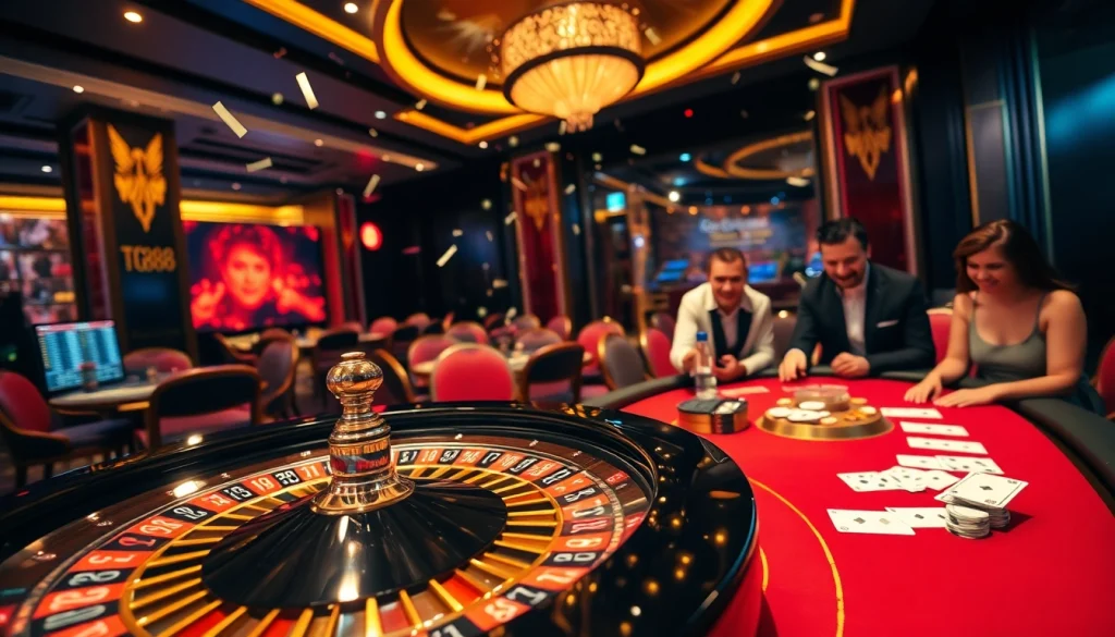 Players experiencing the excitement of casino games at TG888 with a luxurious atmosphere.