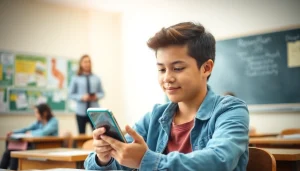 Engaged student managing phon in school life using a smartphone in class.