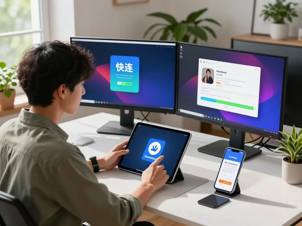 快连下载在现代工作区，用户在iPad上安装应用程序，突显了科技感的环境。