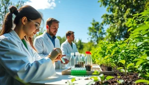 CYB Environmental professionals analyzing soil samples in a vibrant outdoor setting.