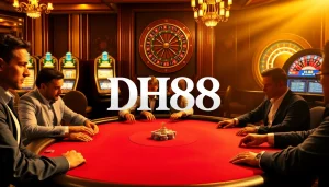 Play poker at DH88's luxurious casino tables, capturing the thrill of winning with vibrant chips.