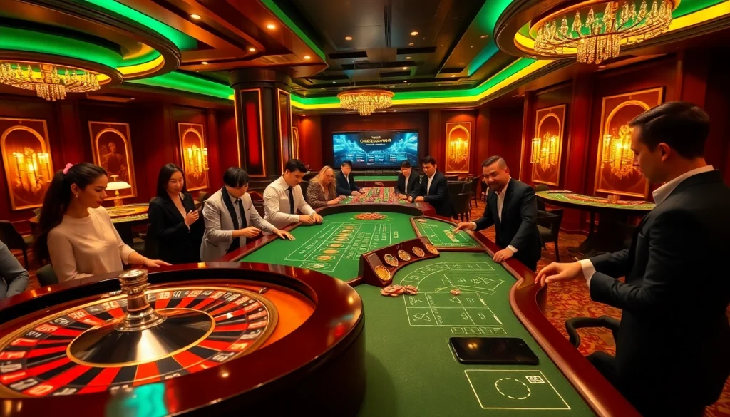Players enjoying the AF88 gaming experience at a luxurious casino with roulette and blackjack.