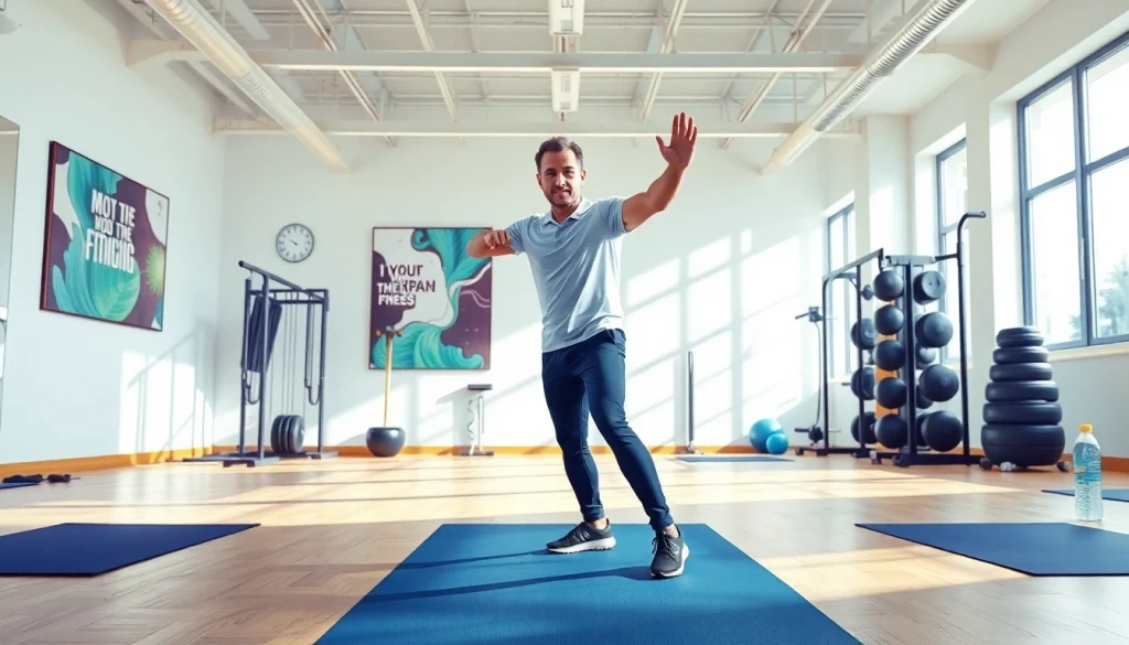Movenetics fitness coach showcasing movement techniques in an energetic gym.
