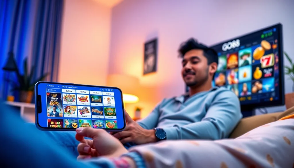 Engaging scene of a user enjoying GO88 gaming platform on mobile and desktop, showcasing a modern and inviting atmosphere.