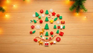 Beautiful christmas app icons showcasing festive symbols on a cozy wooden background.