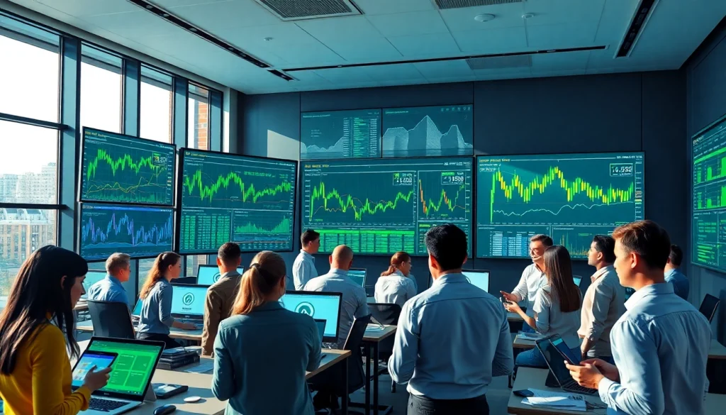 Dynamic cryptocurrency trading floor showcasing Crypto 2026 trends with professionals analyzing market data.