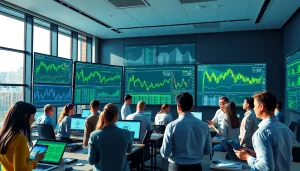 Dynamic cryptocurrency trading floor showcasing Crypto 2026 trends with professionals analyzing market data.